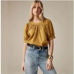 J. Crew Smocked Poplin Puff Sleeve Top Honey Brown Regenerative Cotton